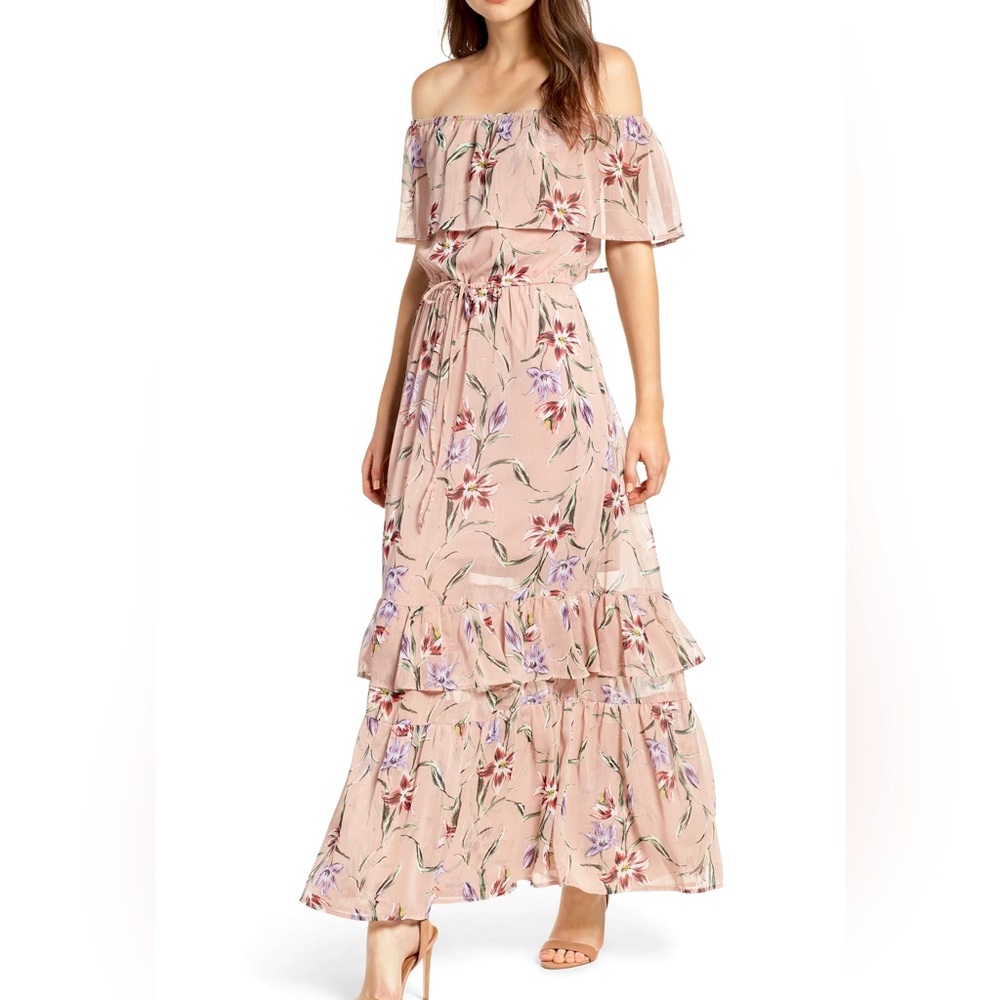 ‘love, Fire’ Off The Shoulder Floral Maxi Dress